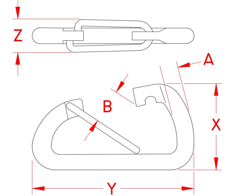 Stainless Steel Wire Lever Clip, Forged, Load Rated, S0141-0080, S0141-0100, Line Drawing